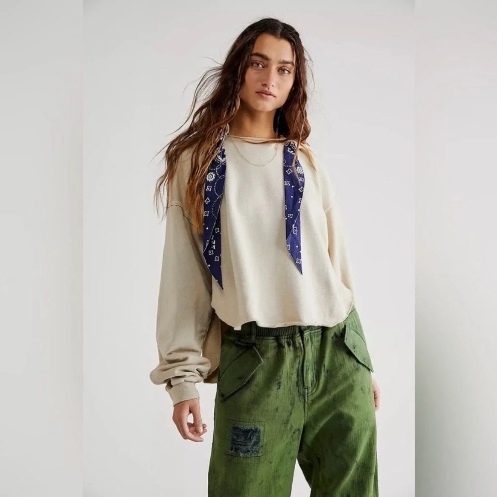 Free People Backyard Hoodie Ecru Combo Cropped Womens Size Small
